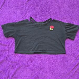 Black Crop Top with Rose Embroidery